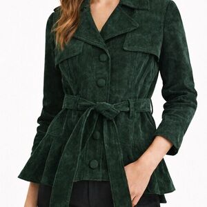 Chelsea & Theodore Dark Green Corduroy Peplum Belted Jacket Size 10